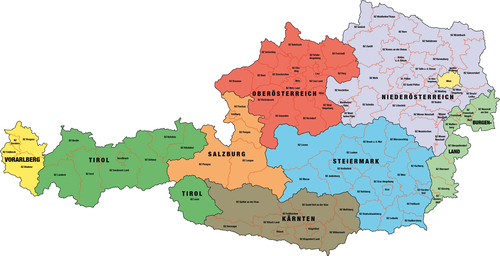 Österreich-Karte mit eingezeichneten Bezirken